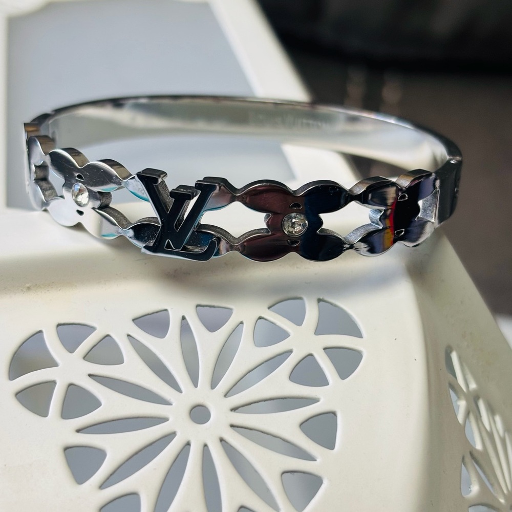 Stainless Steel Monogram Flower Bangle Bracelet. New